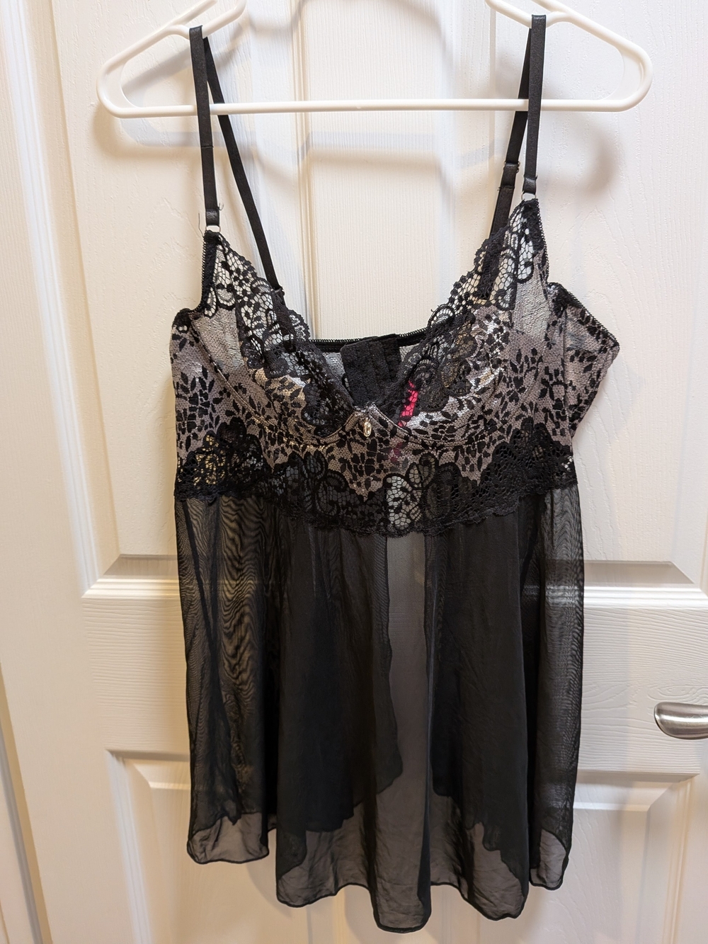Seven Til Midnight Sheer Black Lace Trim Chemise with Floral Bodice